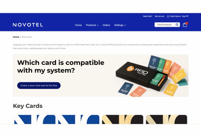 Novotel online portal showing the RFID Hotel key card compatibility test kit with colorful sample cards for hotel door lock systems.