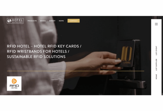 RFID Hotel listing on Hotel Suppliers platform, showing a person using an RFID hotel key card on a door lock, representing sustainable access solutions for hotels.