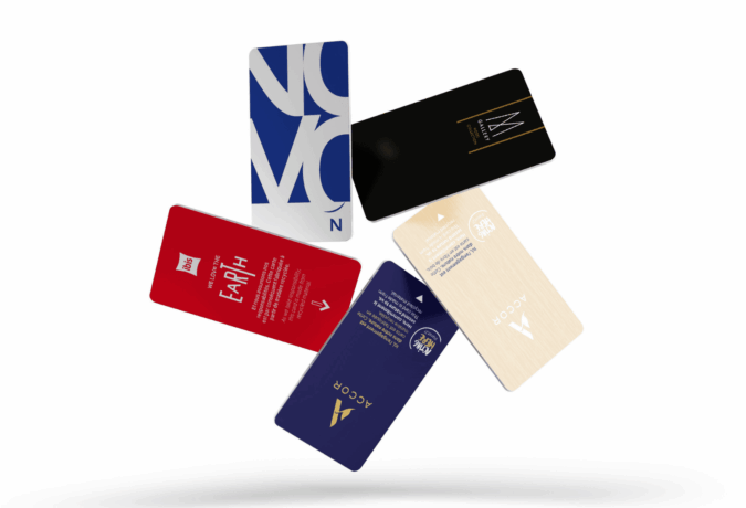 Selection of RFID key cards for Accor Group hotels, featuring branded designs for Ibis, Novotel, Mercure, and other Accor properties.