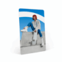 ibis Budget RFID hotel key card with skateboarder sitting on concrete ramp against blue background