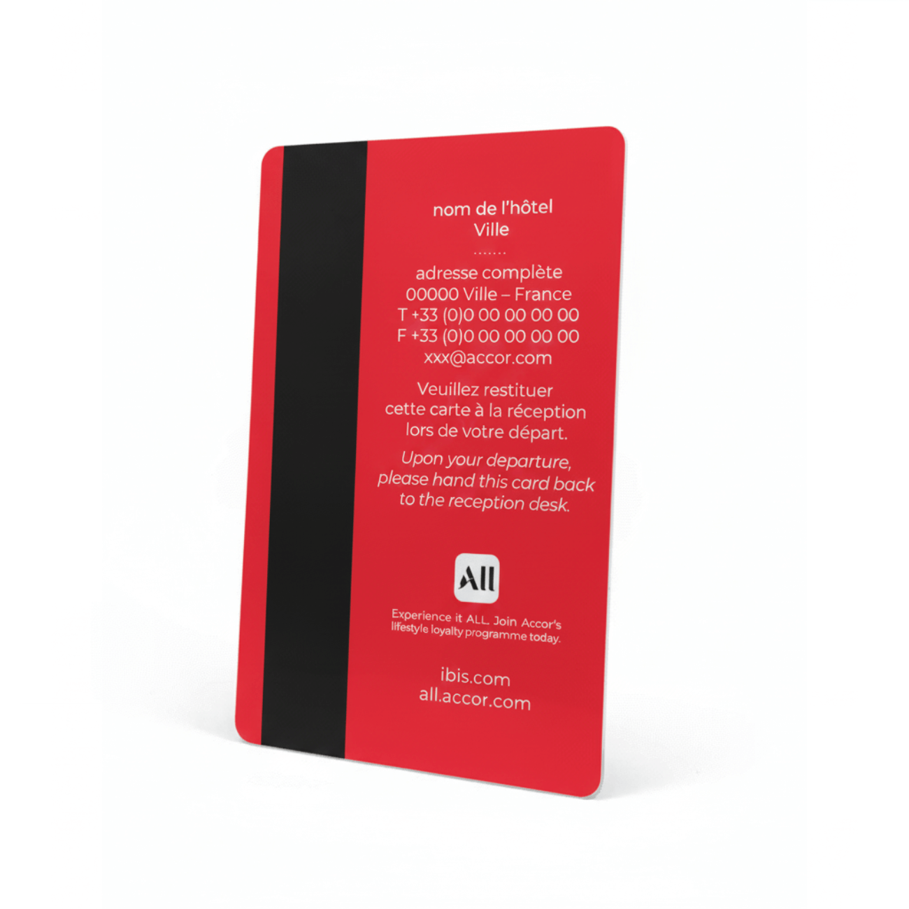 Back of red ibis hotel key card with black magnetic stripe, contact details and ALL loyalty message