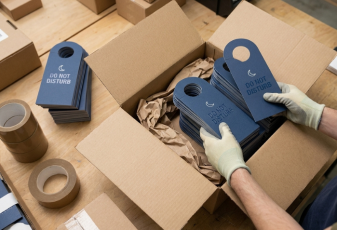 Hands in gloves packing custom blue "Do Not Disturb" hotel door hangers into a cardboard box with paper stuffing for shipping 