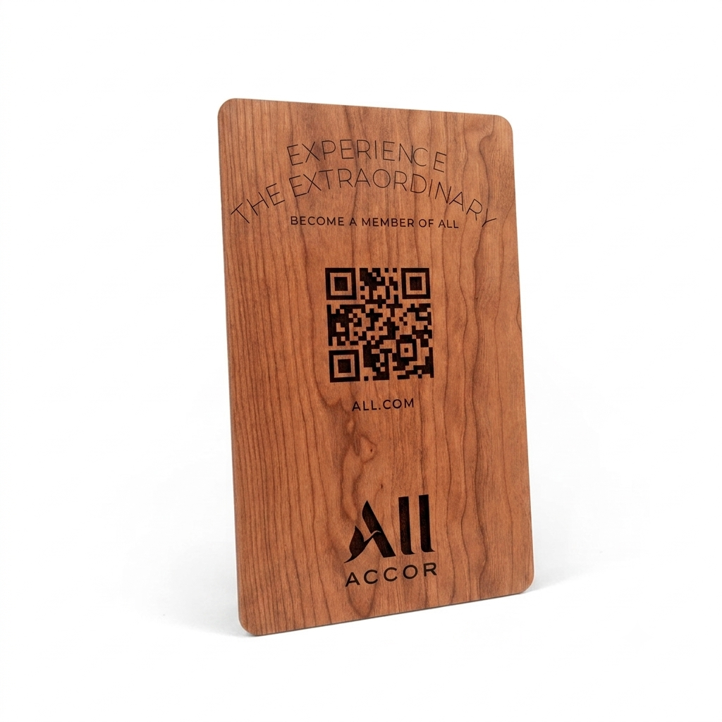 Wooden Accor hotel key card with the text “Experience the extraordinary”